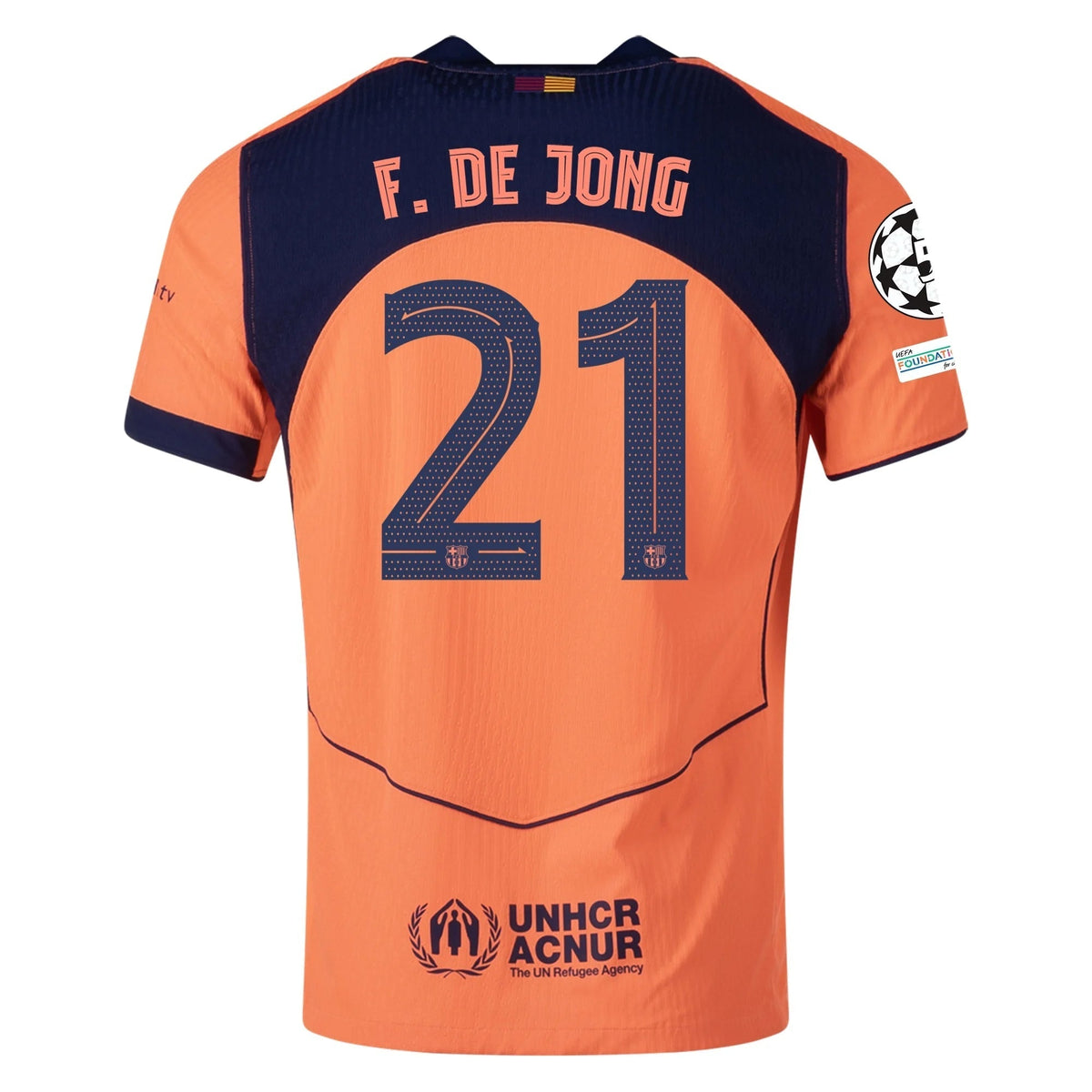 Nike Frenkie De Jong FC Barcelona Third T90 Authentic Jersey 25/26 w/ Champions League Patches (Mango/Navy)