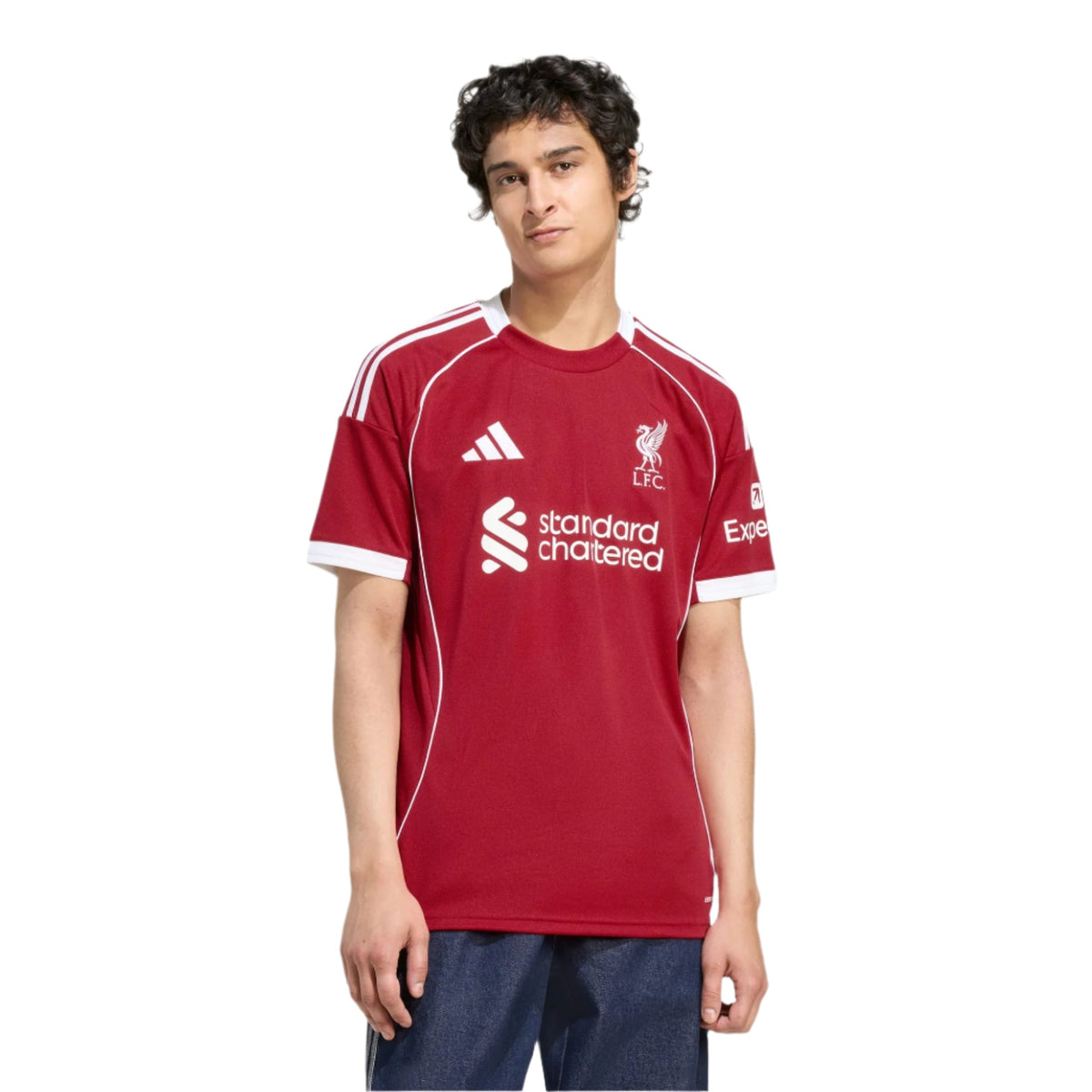 adidas Men's Liverpool Kerkez Home Jersey 25/26 w/ Champions League Patches (Strawberry Red)