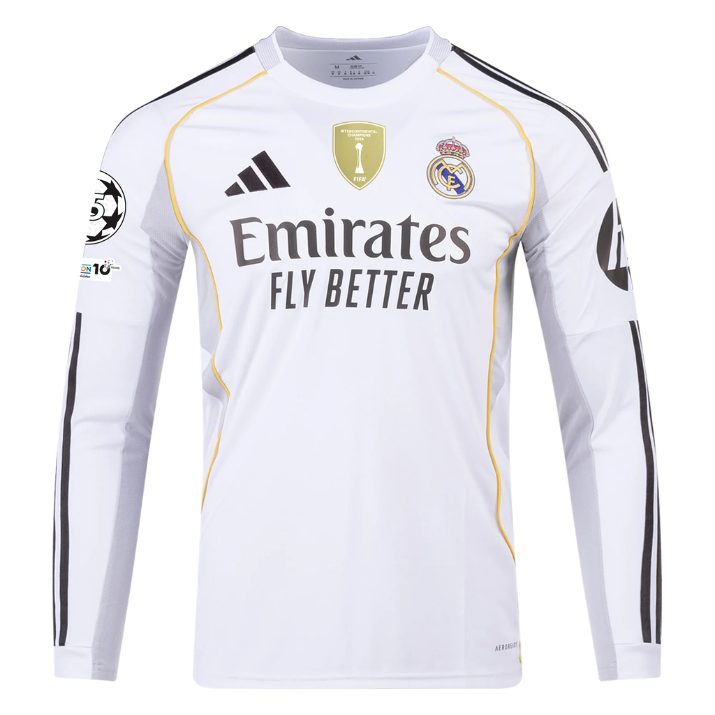 adidas Real Madrid Brahim Long Sleeve Home Jersey w/ Intercontinental + Champions League Patches 25/26 (White)
