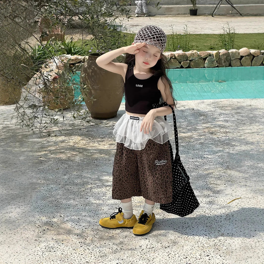 Girl Pants 2025 Summer New Childrens Clothing Korean Style Girl Baby Retro Leopard Print Wide Leg Cargo Pants Casual Daily