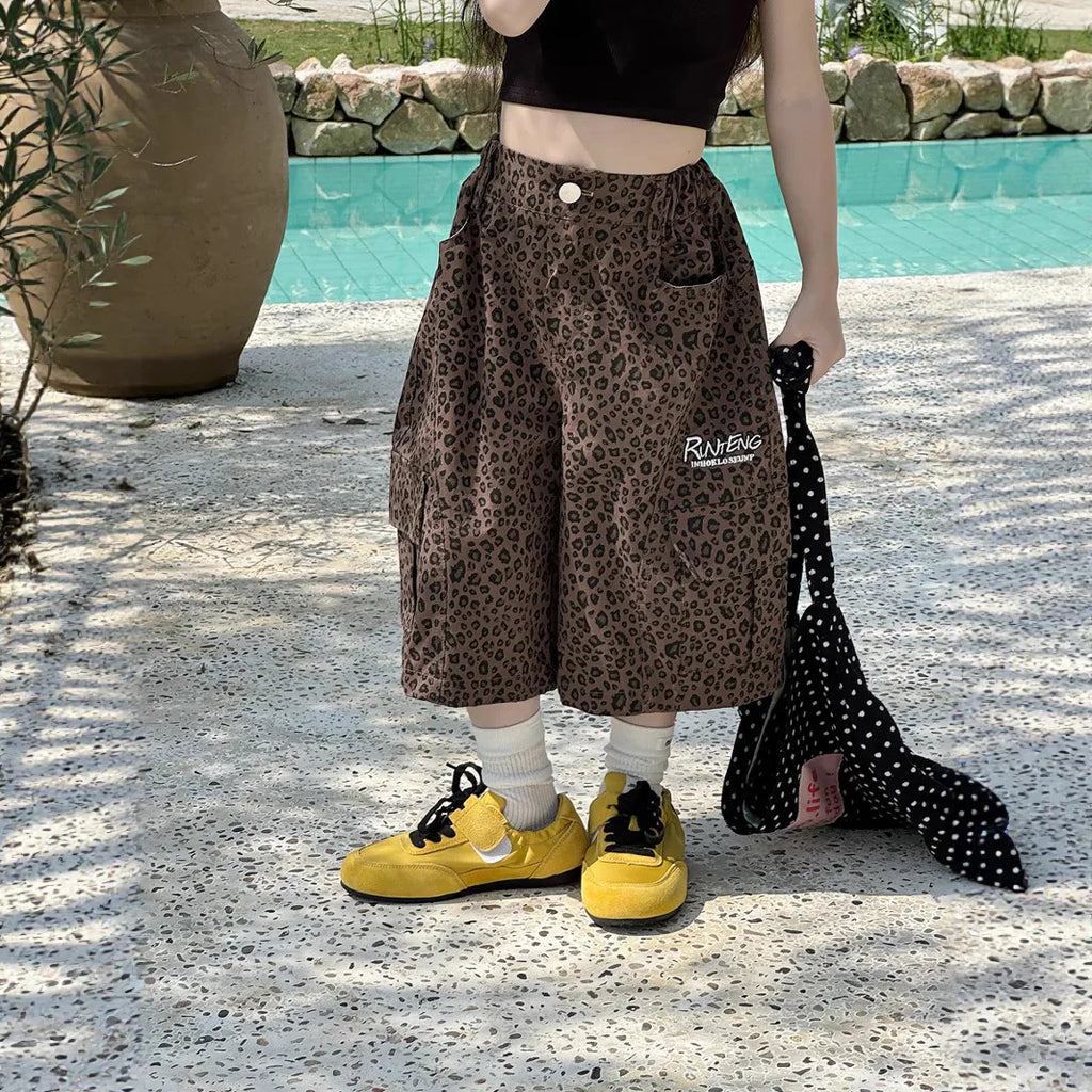 Girl Pants 2025 Summer New Childrens Clothing Korean Style Girl Baby Retro Leopard Print Wide Leg Cargo Pants Casual Daily