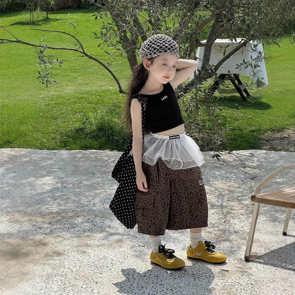 Girl Pants 2025 Summer New Childrens Clothing Korean Style Girl Baby Retro Leopard Print Wide Leg Cargo Pants Casual Daily