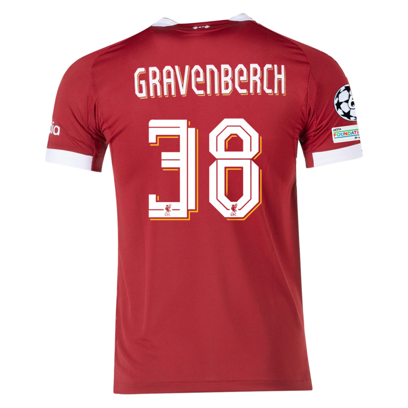 adidas Men's Liverpool Gravenberch Home Jersey 25/26 w/ Champions League Patches (Strawberry Red)