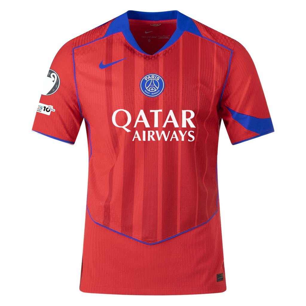 Nike Men's Paris Saint-Germain Authentic João Neves Third Jersey w/ Champions League Patches 25/26 (Sport Red/Hyper Royal)