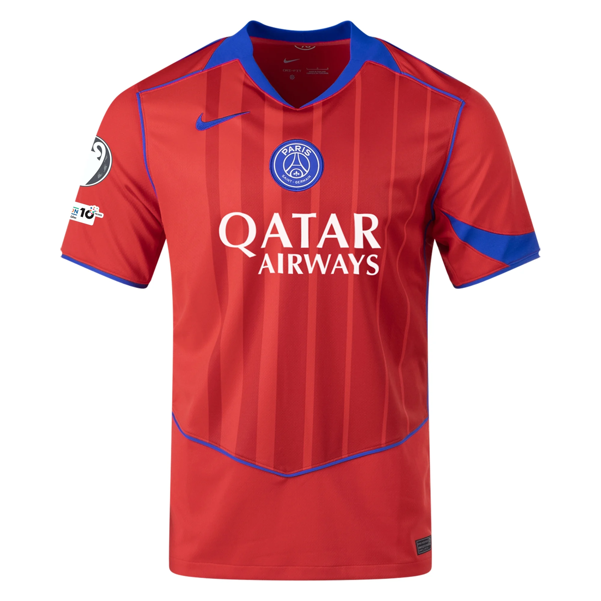 Nike Men's Paris Saint-Germain Désiré Doué T90 Third Jersey w/ Champions League Patches 25/26 (Sport Red/Hyper Royal)